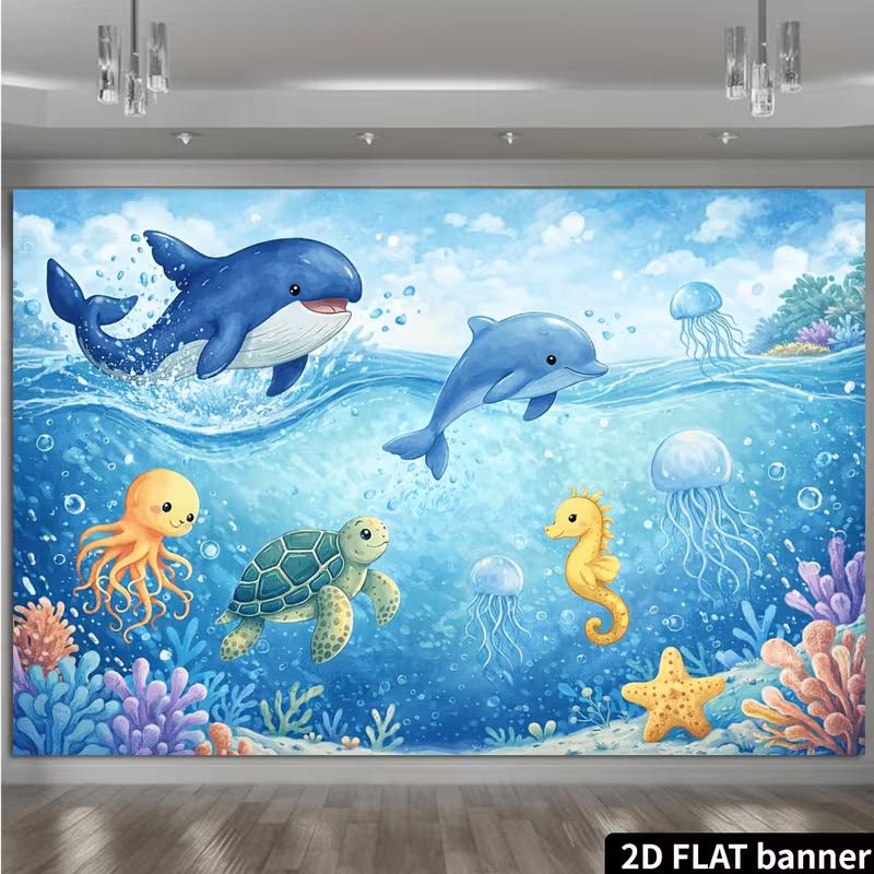 2D Ocean Animals Backdrop Dolphin Whale Turtle Octopus Photography Background