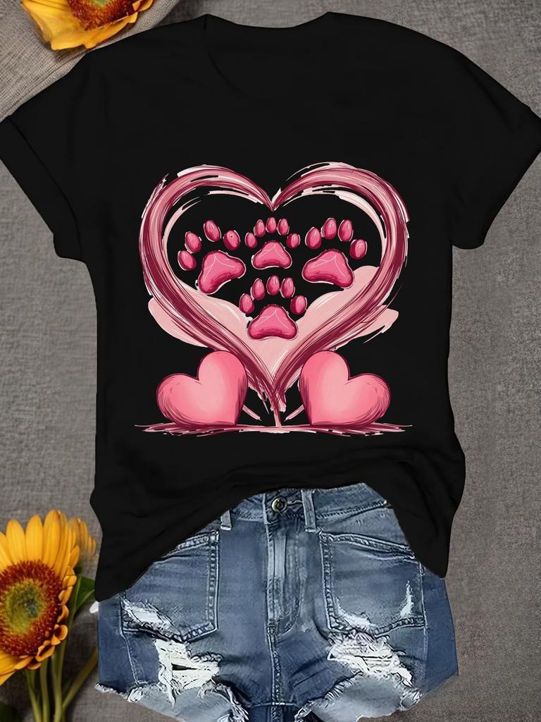 Heart Printed Summer Womens Top with Paw Print Round Neck Short Sleeved Casual Fashion Summer Womens Soft Clothing