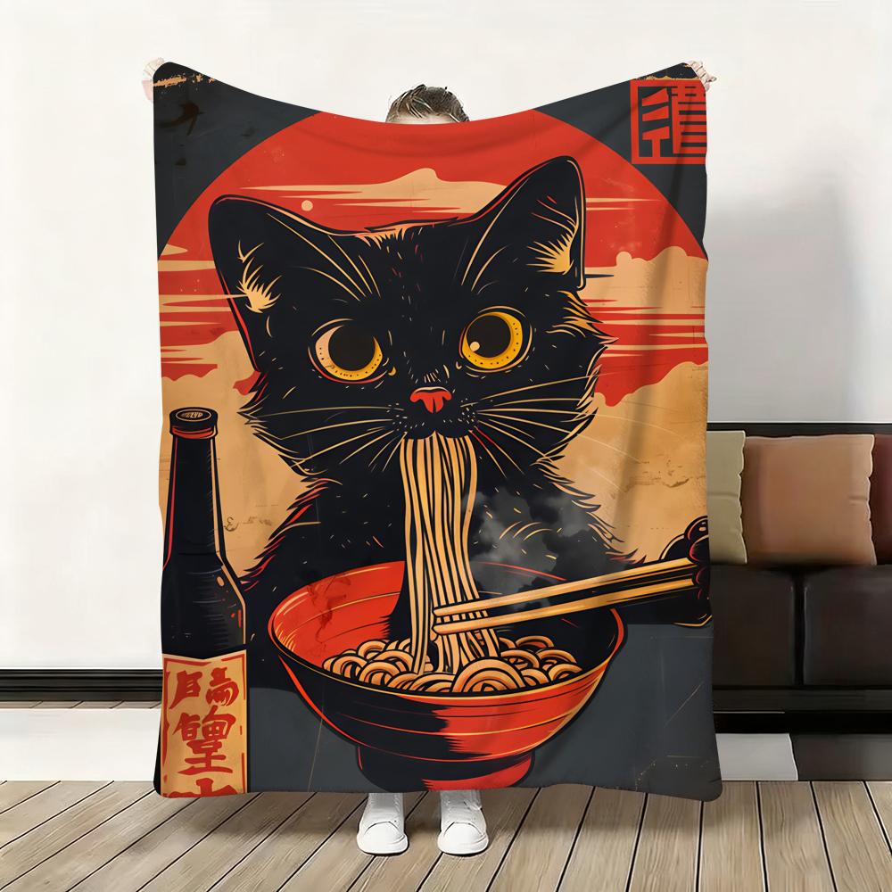 Black Cat Ramen Throw Soft Flannel Blanket Warm Knee Skin-Friendly Throw for Sofa Office Bed Traveling Winter Oversize