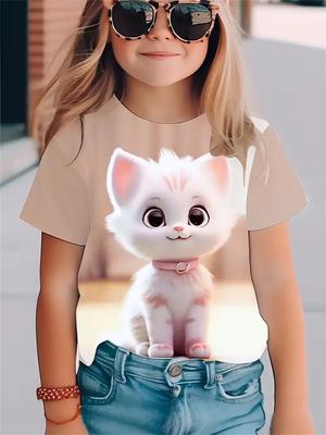 Funny Girls' T-Shirts Summer Short Sleeved Top Cartoon Animals Cat 3d Print 2025 Girls' Clothing Fashion Casual T-Shirts