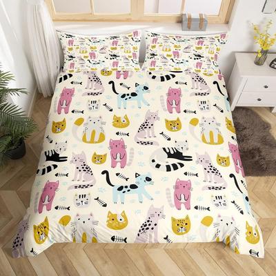 Heimtextil Dreiteiliges Set Cartoon Einfaches Kätzchen Digitaldruck Steppdecke Kissenbezug Bettwäsche