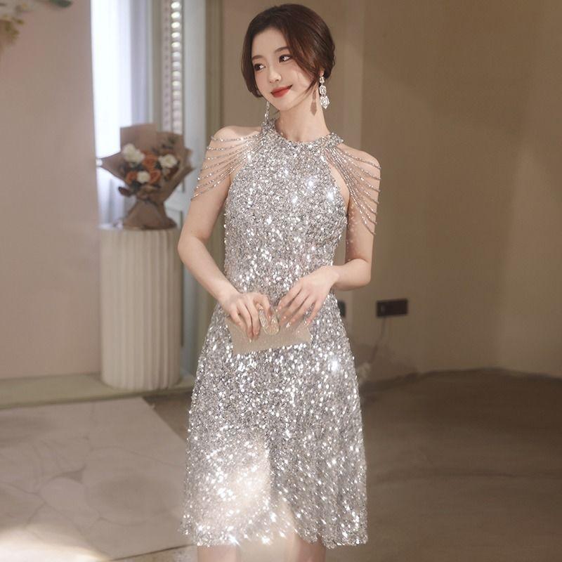 Sequined Small Evening Dress Women's Light Luxury Niche High-end Party Senior Sense Can Usually Wear Adult Dress Skirt Bridesmaid Clothes