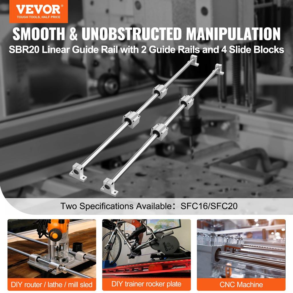 VEVOR Linear Guide Rail Set, SFC20 1200mm, 2 PCS 47.2 in/1200 mm SFC20 Guide Rails 4 PCS SC20 Slide Blocks 4 PCS Rail Supports