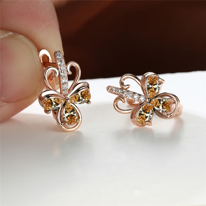 Charm Female Green Zircon Stone Flower Clip Earrings Vintage Gold Color Wedding Jewelry For Women