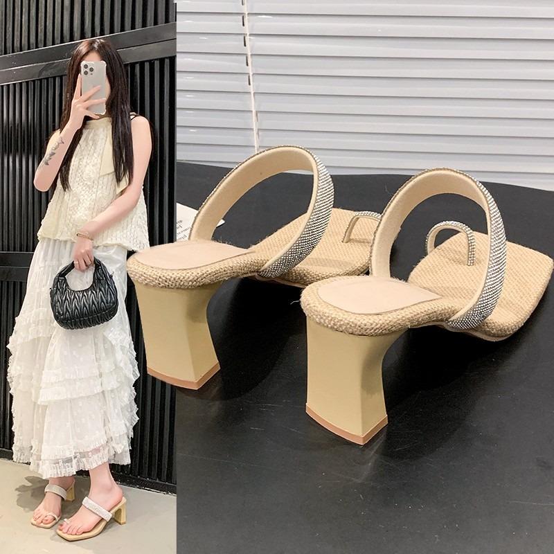 Feel slippers summer rhinestone cover toe middle heel one word sandals fashion square head thick heel high heels