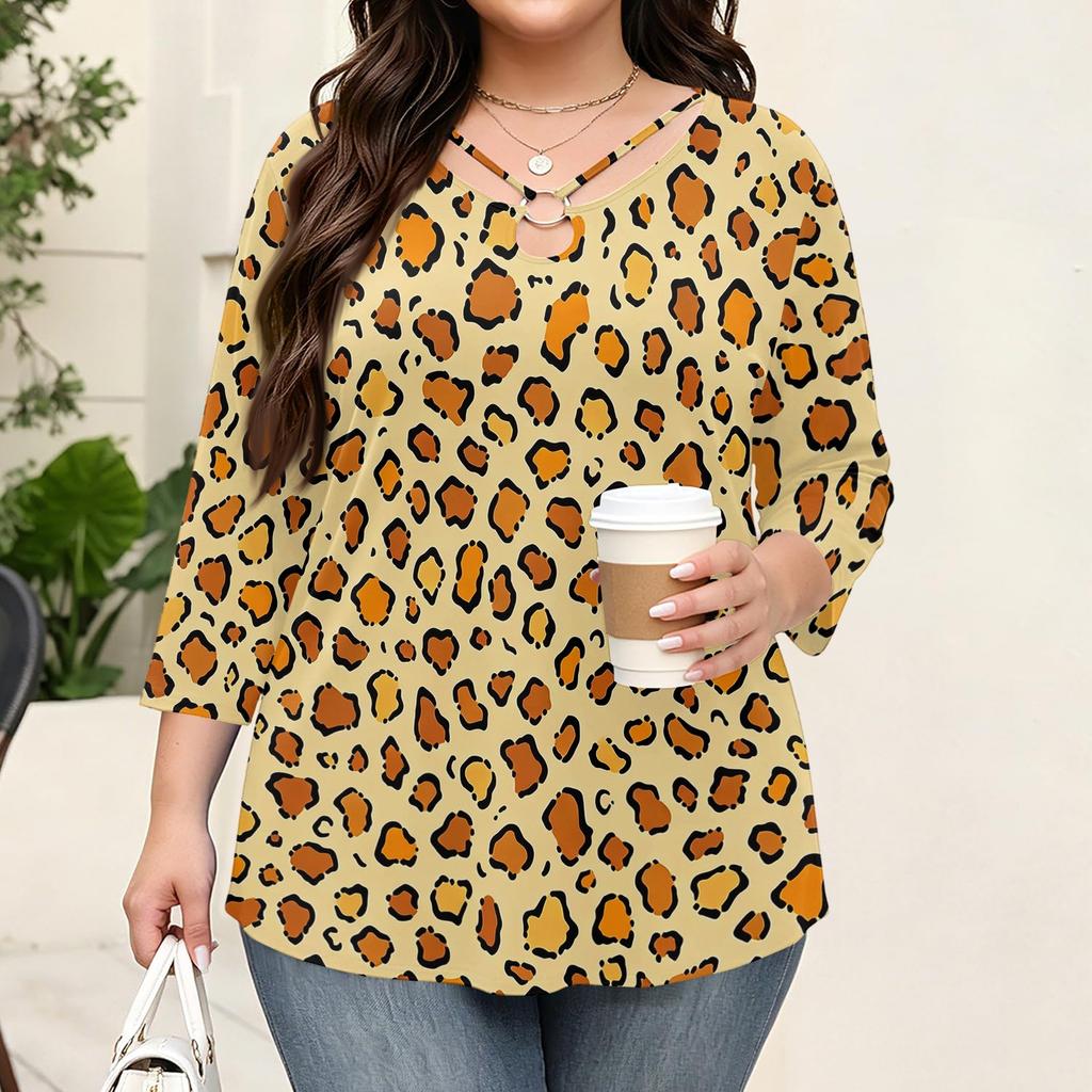 Blusa Floral Feminina Plus Size com Manga Três Quartos, Blusa Casual, Túnica de Corte Amplo para Primavera Verão, Uso Diário, Trabalho e Saídas