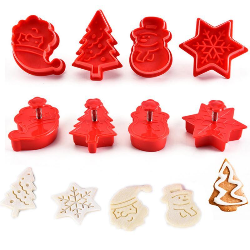 4Pcs DIY Christmas Tree Snowman Plastic Baking Mold Kitchen Biscuit Cookie Cutter Pastry Plunger Fondant Cake Decorating Tools KTY