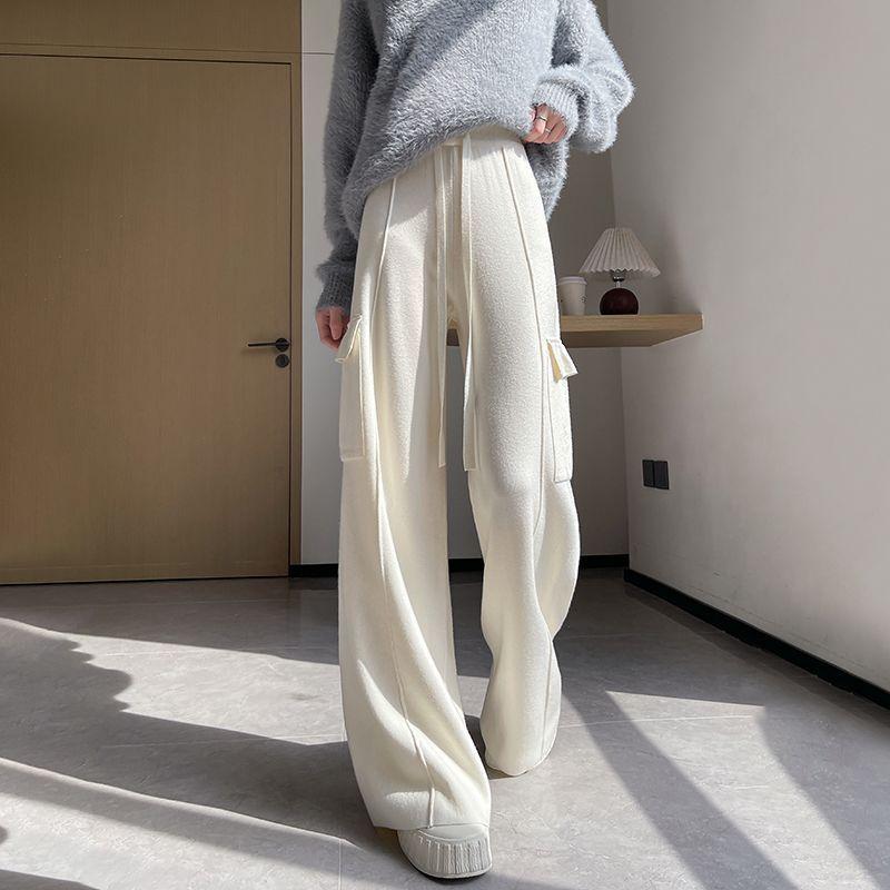 Knitted Wide Leg Pants for Women Autumn Winter High Waist Straight Leg Pants Loose and Casual Design Drawstring Work Pants