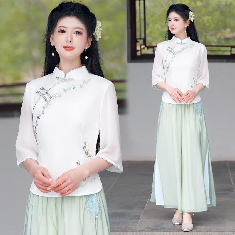 Retro Chinese-Style Embroidered Stand Collar Zen Shirt for Women - Spring/Summer Casual M