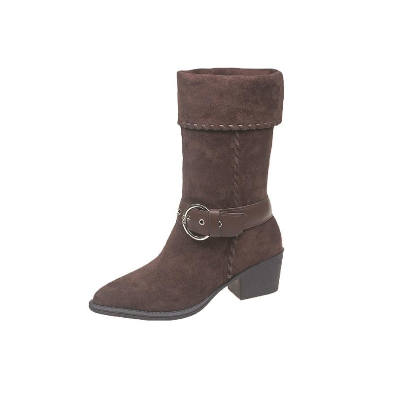 Retro belt buckle boots women's 2025 autumn and winter new folded knight boots trendy fashion stacking boots fashion boots