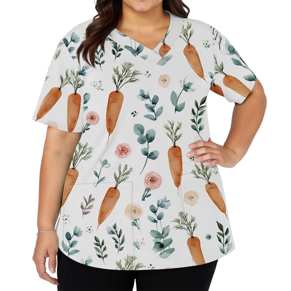 Women's Fashionable V-neck Short-sleeved Work Top With Double Side Slits And Pockets, Featuring Easter Bunny And Egg Prints.
