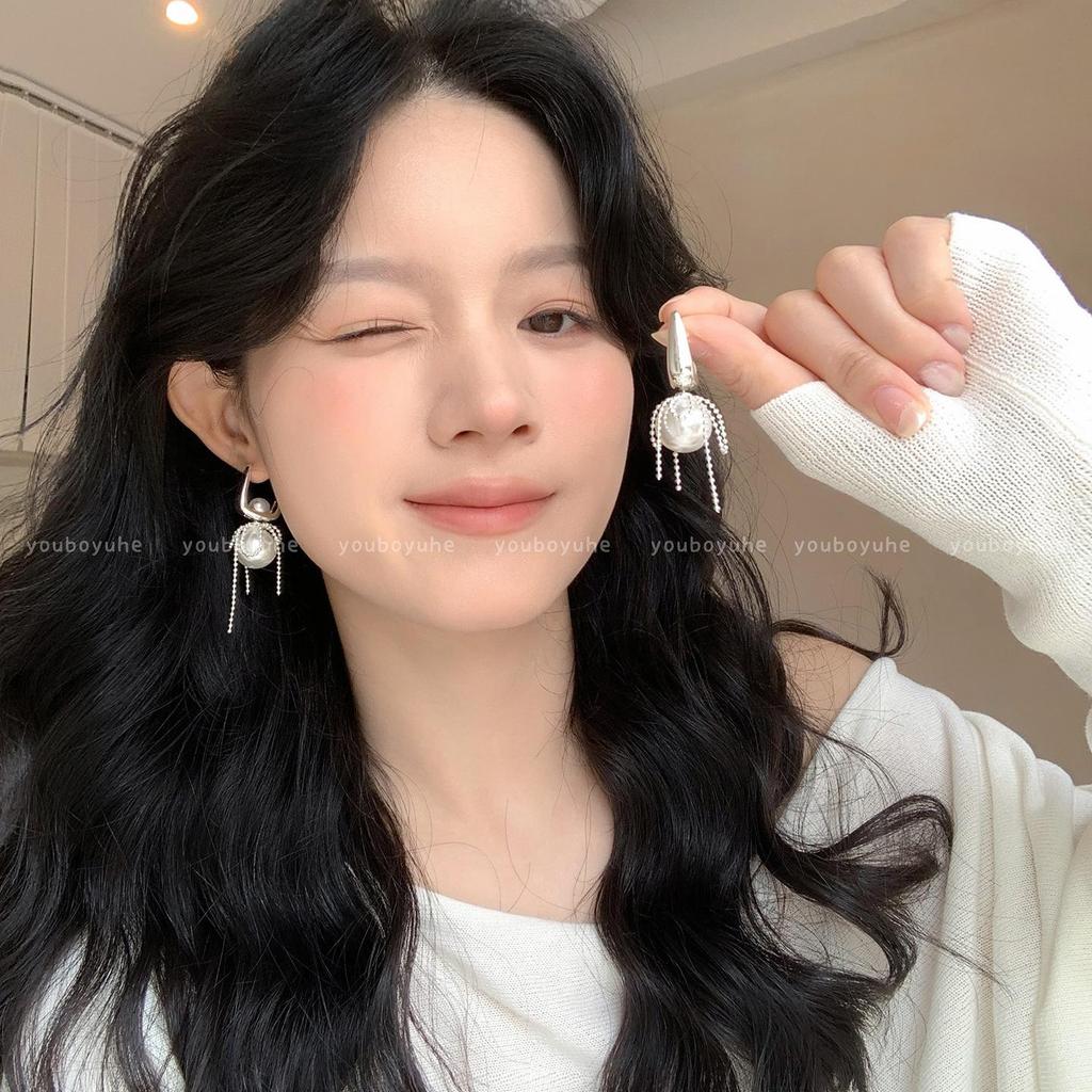 Elegant Pearl Tassel Earrings for Women: Luxury Silver Studs, Unique and Noble