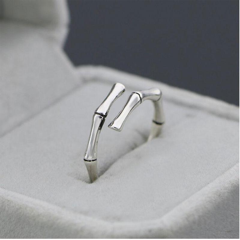 ANENJERY Bamboo Open Ring with Black Star Fashion Silver Jewelry Women Men Fashion Gifts