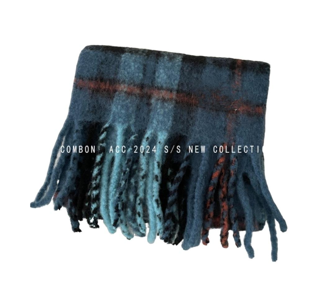 

Новый мохеровый клетчатый шарф женский осенне-зимний атмосфера имитация кашемира теплая шаль универсальный утолщенный шарф 190cm*40cm280g синий