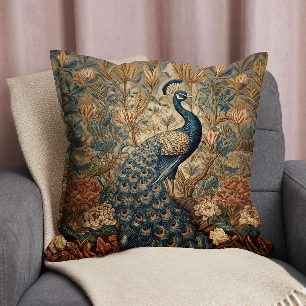 Vintage Peacock Floral Tapestry Cushion Cover Decorative Throw Pillow Case Botanical Art Print Home Decor 40x40cm