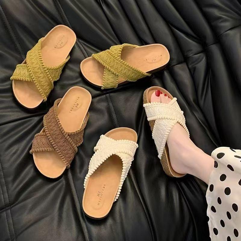 Cross-strap Knitted Slippers Women's Summer New Wear Retro Open-toed Beach One-word Cool Slippers