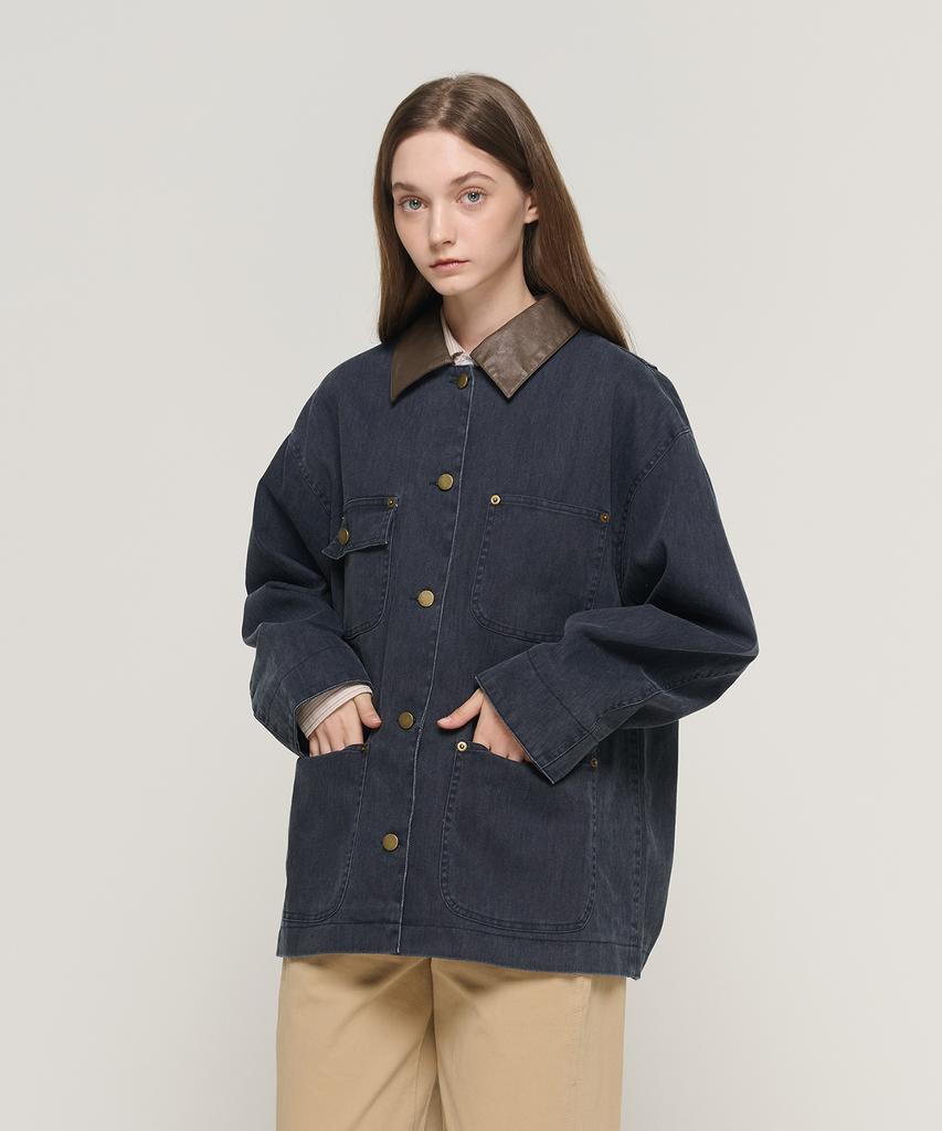 Cargobros For Woman Contrast Collar Pocket Work Denim Jacket (Dark Blue)