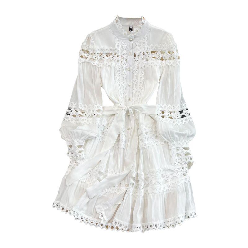 2024 Spring and Autumn Vintage Court Style Elegant Lantern Long Sleeve round Neck Hollow out Stitching Single-Breasted A- line Dress