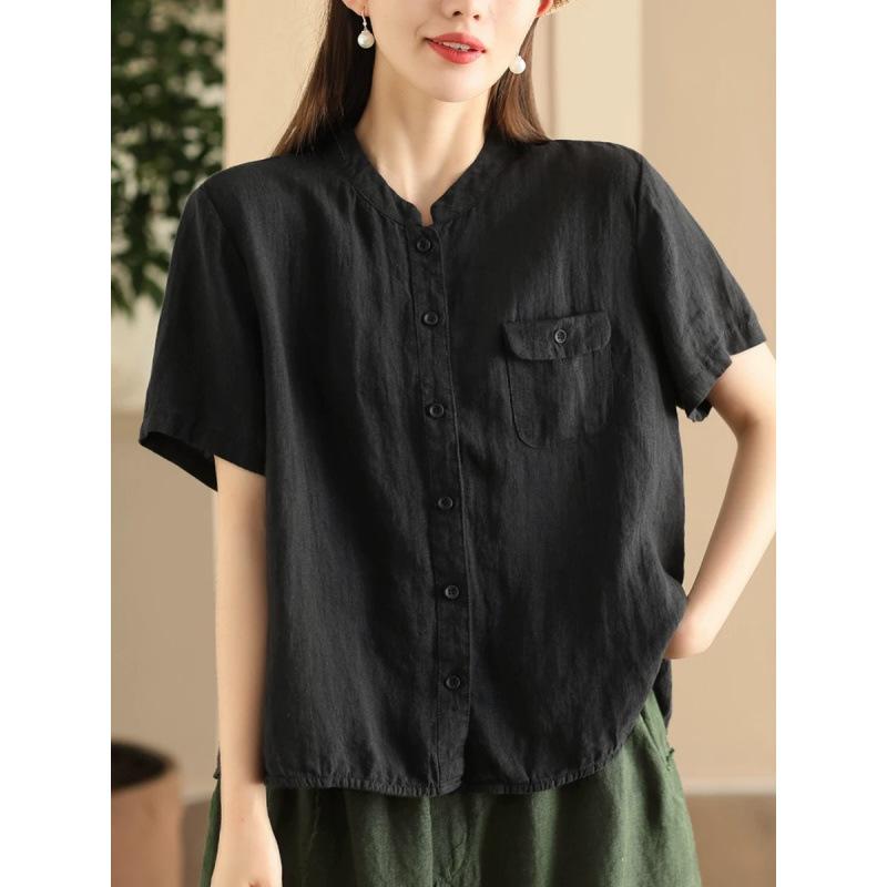 1116 linen shirt women's fried color stand-up collar short-sleeved shirt jumper casual top