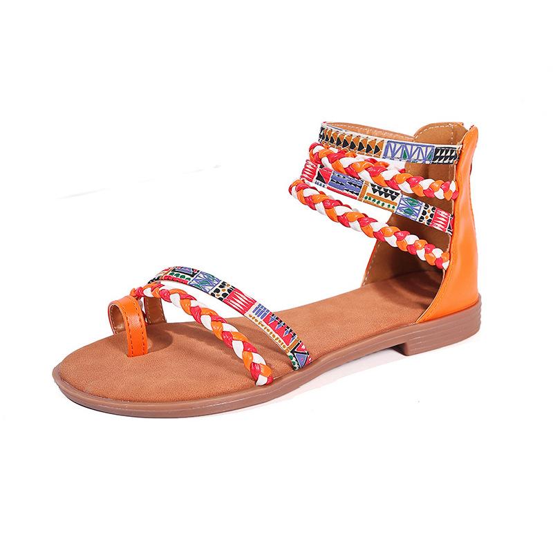 Fashion 2025 Ladies Summer Fashional Bohemia Ethnic Colorful Stitching Roman Style Open Toe Zipper Women Flat Fancy Sandals Beach Shoes