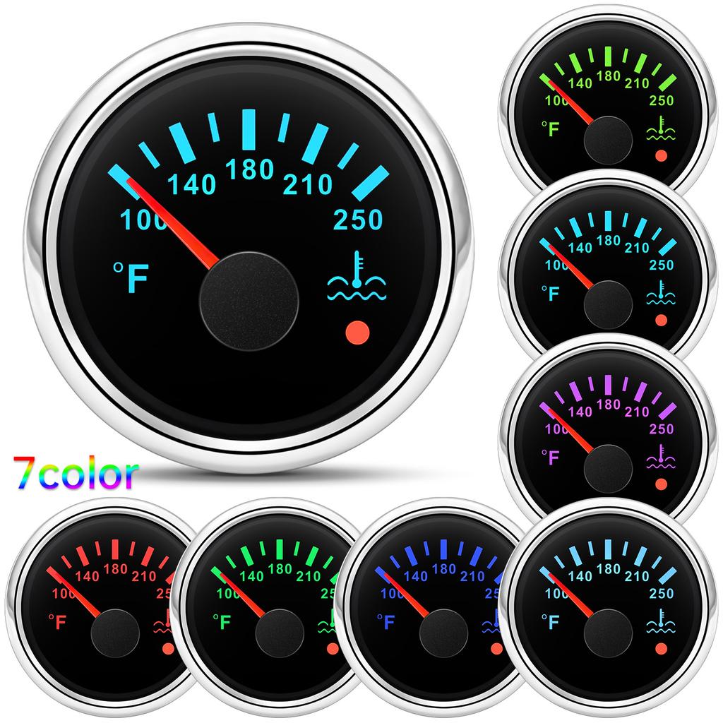 HD 52mm Digital Car Gauge Water Temperature Meter 100-250℉ 7Colors Backlight Automotive Water Temperature Indicator Black Shell