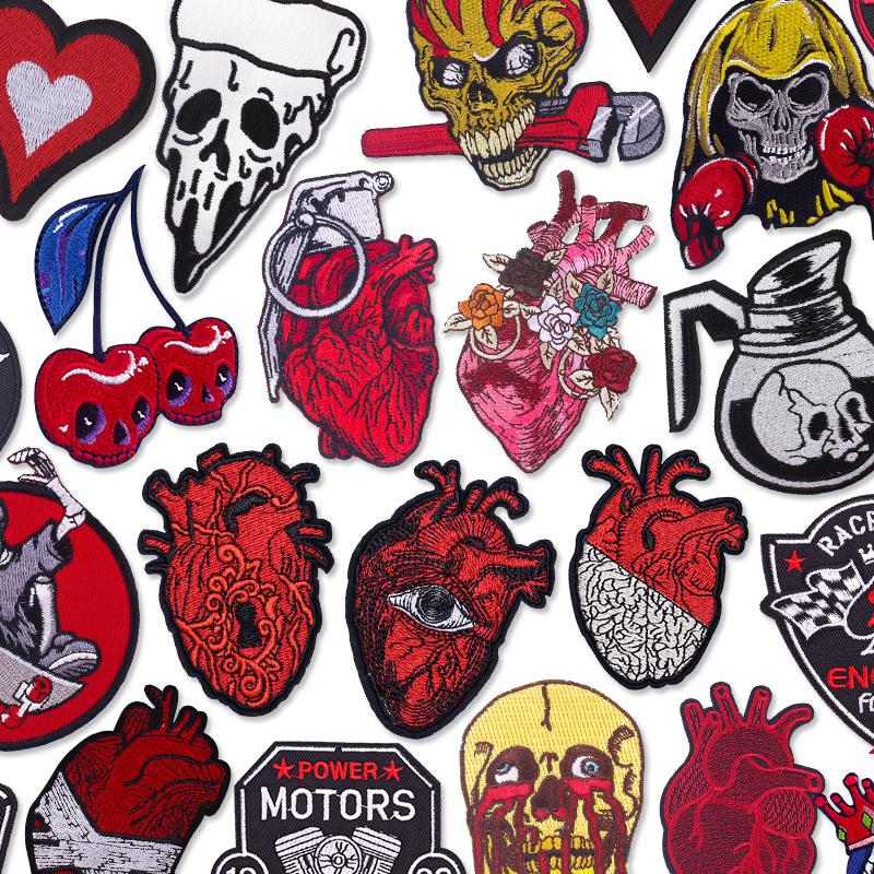 Red Punk Heart Embroidered Patches On Clothes Design Skull Patch Iron On Patches For Clothing Stickers DIY Sewing Fusible Badges