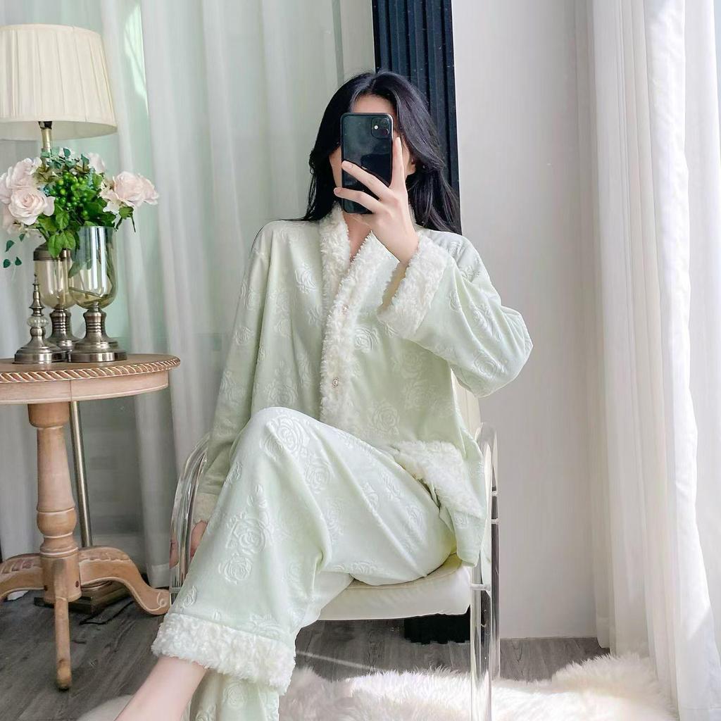 Women's Island Fleece Pajamas - High-End Minimalist Long Sleeve & Pants Thick Warm Set for Autumn/Winter