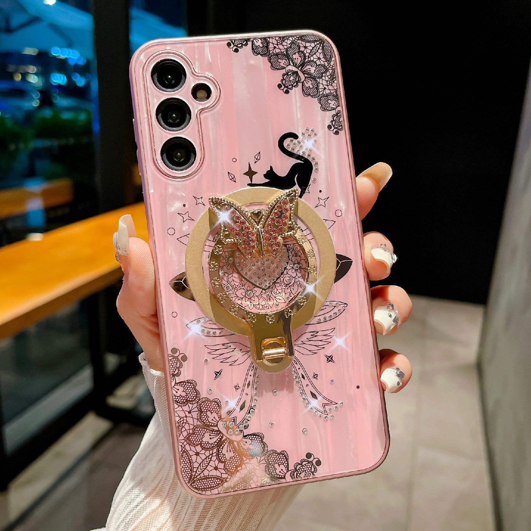 

Для Samsung Galaxy S25+ Магнитный чехол Декор стразами Подставка Рисунок кошки ТПУ+ПК Чехол для телефона Pink