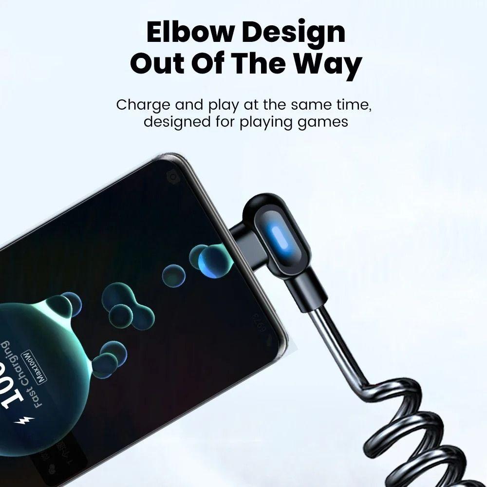 Black USB C To Type C Fast Charging Cable Elbow Car Spring Data Cable for Samsung Huawei Xiaomi Car