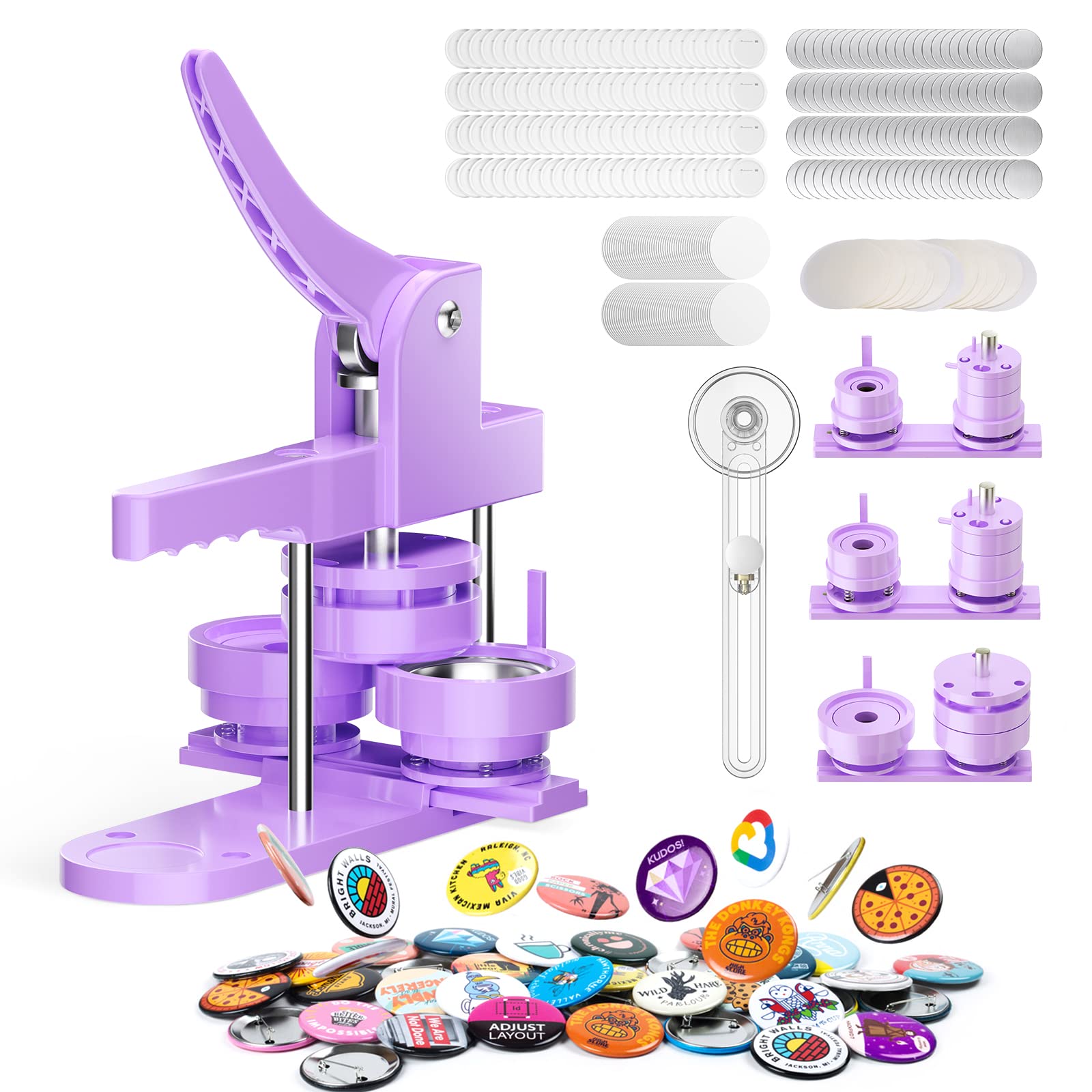 

TINGHAIYAN Can Badge Machine 3 Sizes Interchangeable 25mm 32mm 58mm DIY Badge Kit with 300 Metal Badge Materials Handicraft Toy Purple
