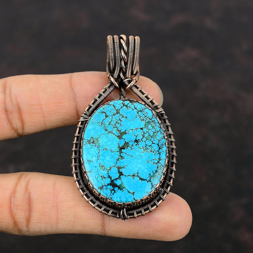 Tibetan Turquoise Pendant Copper Wire Wrapped Jewelry Handmade Copper Pendant Original Gemstone Pendant Engagement Gift Wire Wrapped Pendant