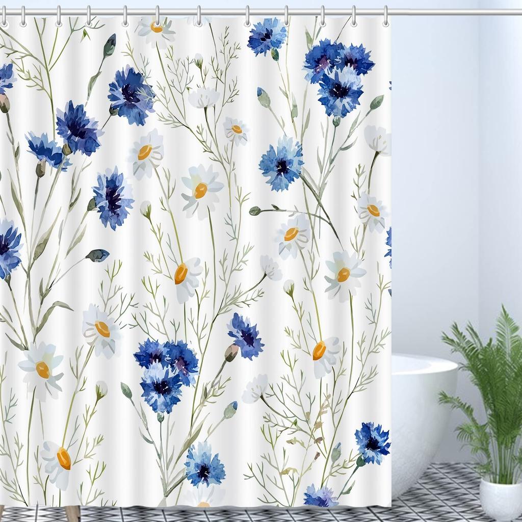 Blue Floral Shower Curtain Watercolor Flower Bath Curtain Polyester Fabric Waterproof Bathroom Curtains with Hooks Bath Screen