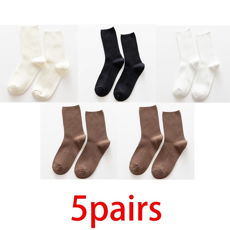 

5 пар женских однотонных элегантных ретро длинных полосатых хлопковых женских носков, дышащие японские повседневные хлопковые носки-гольфы One size