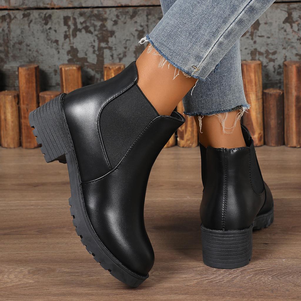 New Women'S Plush Lined Ankle Boots British Style Round Toe Chunky Heel Warm Comfortable Autumn Winter Short Boots