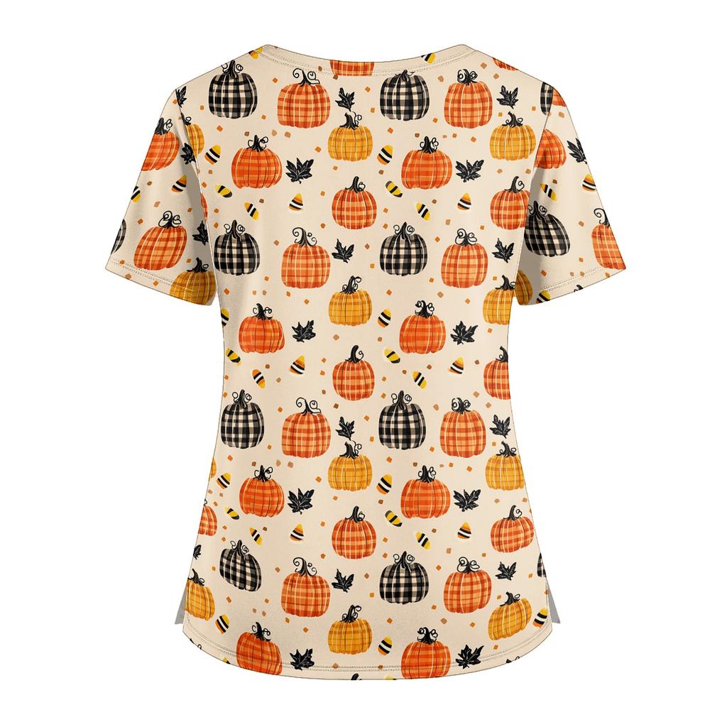 Womens V Neck Halloween Print Medical Scrub Top with Pockets Side Slits Short Sleeve Work Shirt for Healthcare Professionals