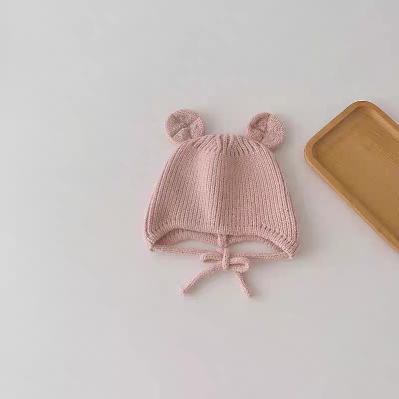 Children's Cute Knit Hat with Round Ears - Autumn/Winter Wool Hat with Drawstring and Ear Protection for Boys and Girls