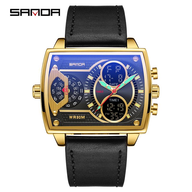 Sanda Fashionable Men's Square Multifunctional Waterproof Sports Quartz Watch