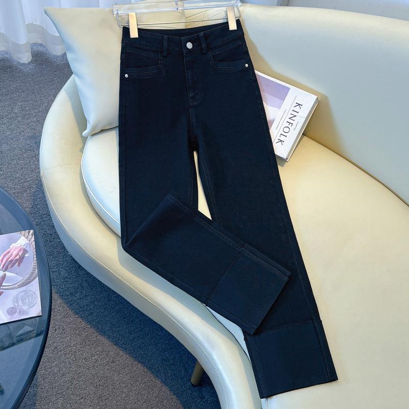 Small curled denim pipe pants women's summer new high-waisted light-colored pants nine-point straight jeans