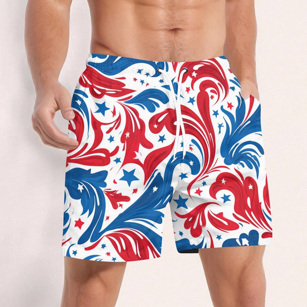 Men Swim Trunks Drawstring Waist 3D Star Print Quick Dry Board Shorts with Mesh and Side Pockets