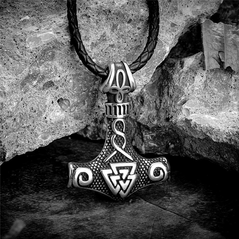 Vikings Thors Hammer Necklace Stainless Steel Double Sided Pendant Norse Amulet Men Vintage Jewelry