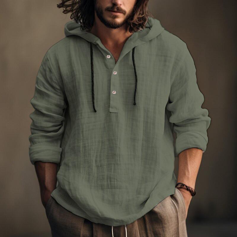 Men's Cotton Linen Hooded Sweatshirt - Casual Solid Color, Long Sleeve, Trendy Autumn Wear
