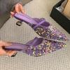 Luxury Colorful Bling Designer Slide Sandals Women 2025 Summer Sexy Pointed Toe Women Slippers Elegant Low Heeled Mules Loafers