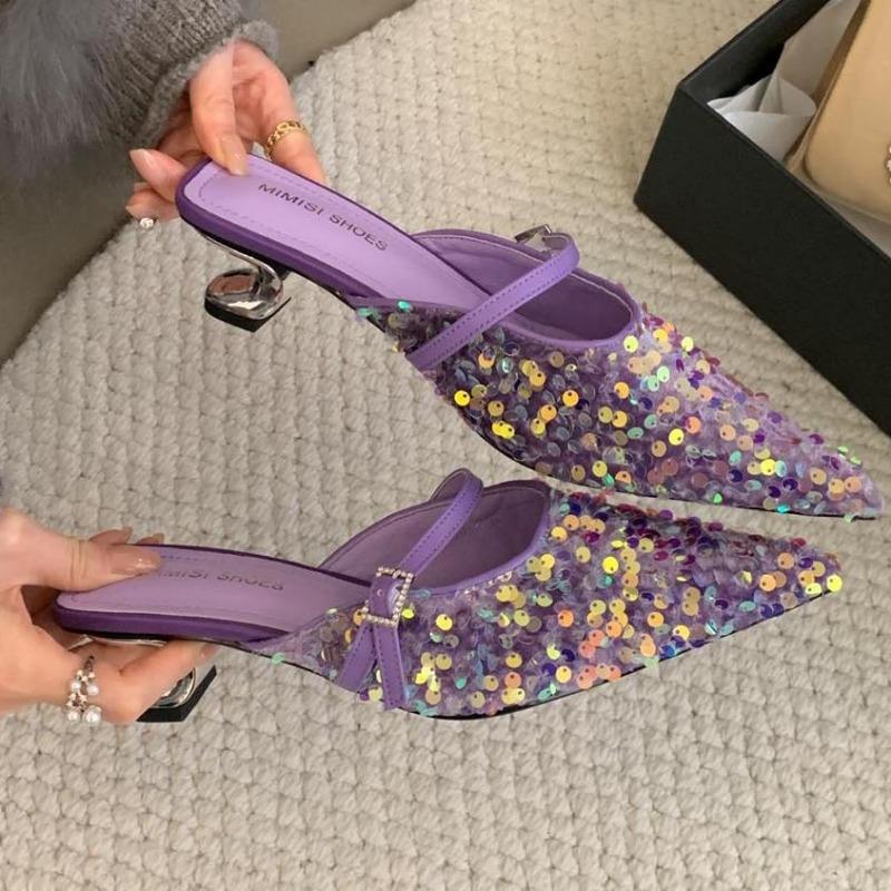 Luxury Colorful Bling Designer Slide Sandals Women 2025 Summer Sexy Pointed Toe Women Slippers Elegant Low Heeled Mules Loafers