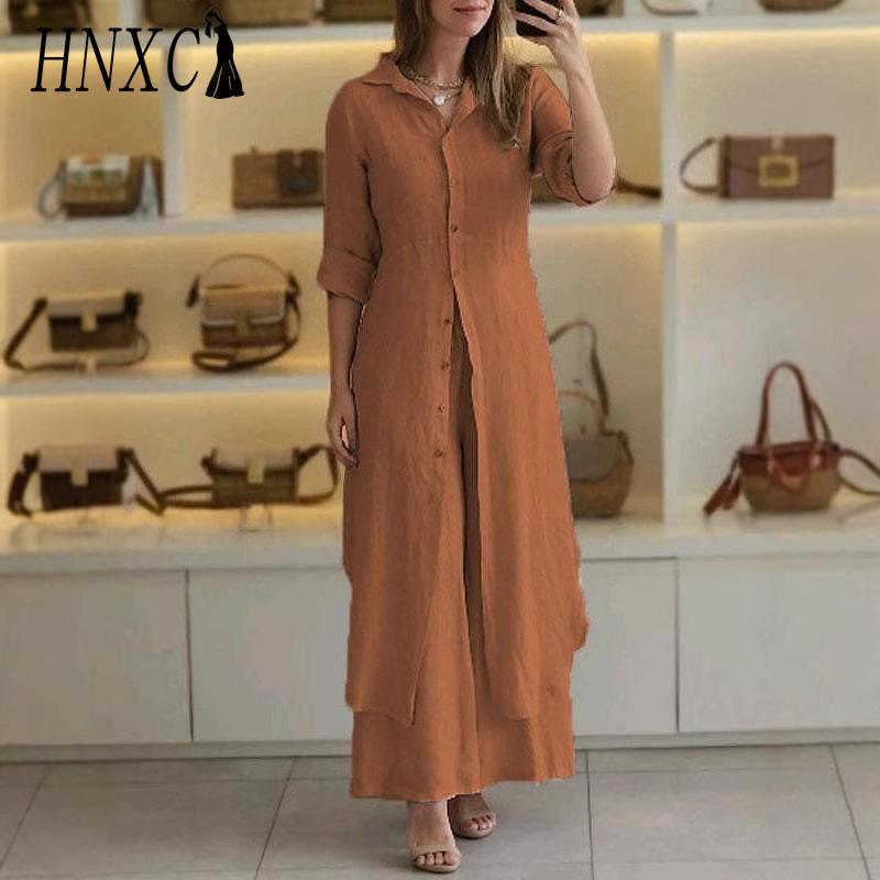 HNXC Dámský letní, jarní a podzimní elegantní bavlněný a lněný oblek s dlouhým rukávem, širokými nohavicemi a úzkým pasem