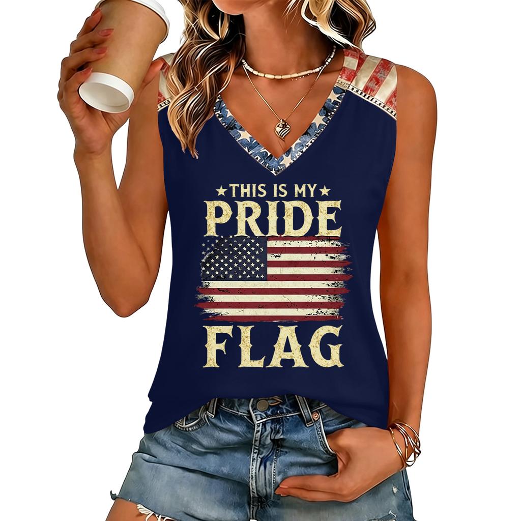 Women V Neck Casual Letter Print Short Sleeve T Shirt Top with Flag Graphic Comfortable Loose Fit Tee Shirt for Daily Wear