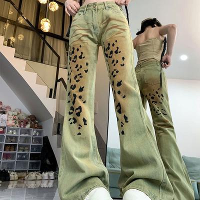 High Street Luipaardprint Bootcut Broek Hotsweet Dameskleding Amerikaanse Stijlvolle Verweerde Hoge Taille Knopen Slim Jeans