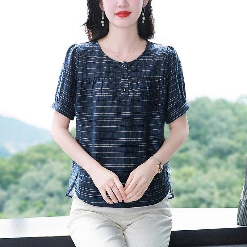Cotton and Linen Short-sleeved Shirt for Women In Summer New Style Young Mother Fashionable Age-reducing Shirt Slim Top