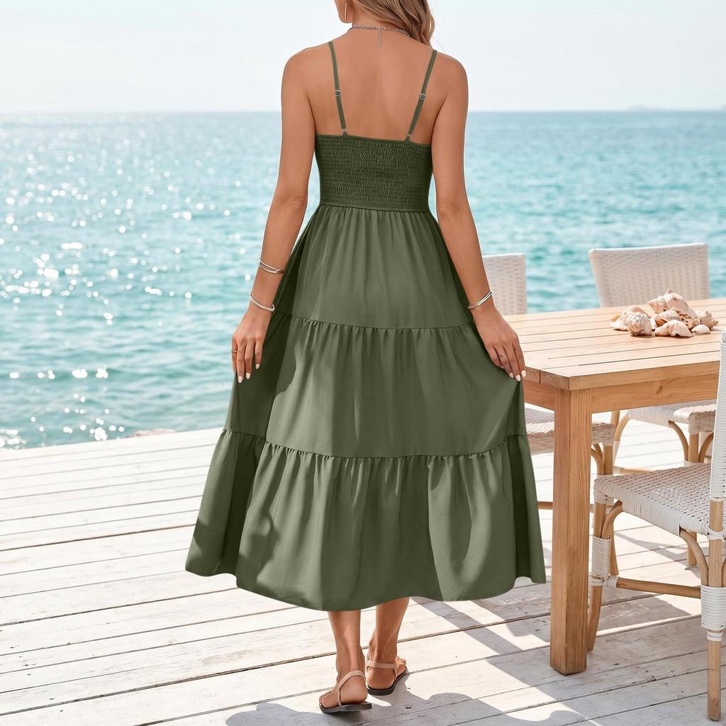 Women’s Sleeveless Smocked Waist Maxi Dress with Spaghetti Straps and Side Slit for Summer Beach and Vacation Wear