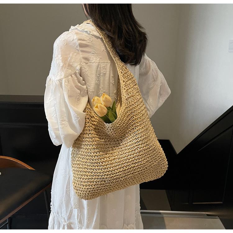 Lässige Urlaubs-Stroh-Webtasche Leichte Einfarbige Schulter Damenhandtasche Große Kapazität Stroh-Webtasche