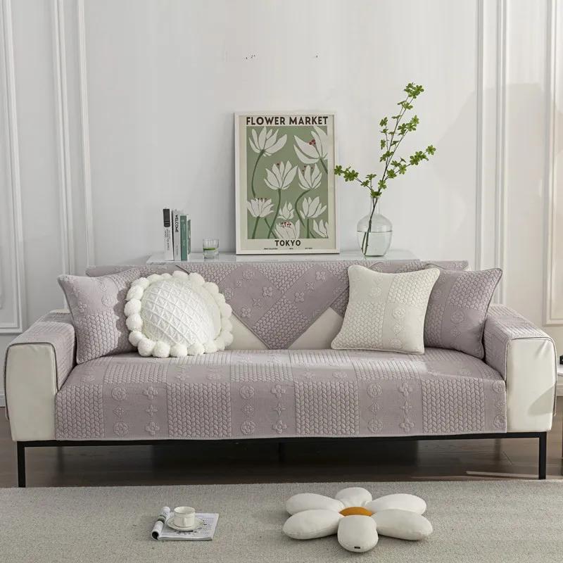 Pure Cotton Universal for All Seasons Sofa Cover Anti-slip Backside Cushion  Living Room Solid Color Stitch Fabric Art Couch Mat